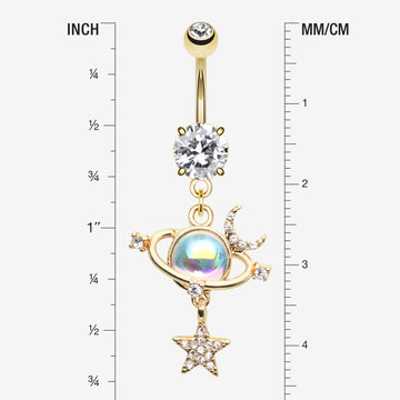 Detail View 1 of Golden Aurora Celestial Sparkle Sun and Moon Orbit Belly Button Ring-Clear Gem